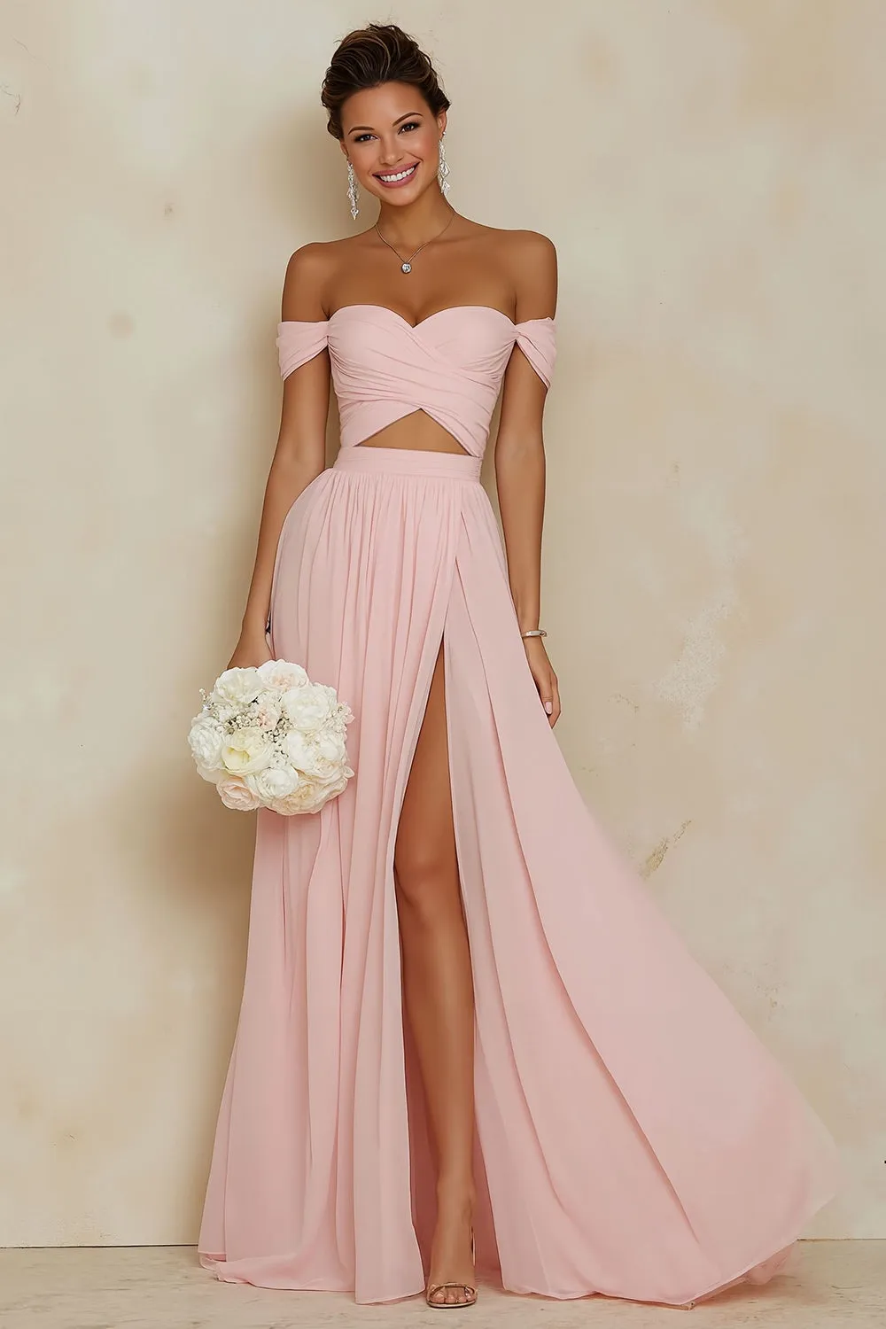 Blush Pink A Line Off the Shoulder Cut Out Chiffon Bridesmaid Dress with Slit sold by Wedtrend