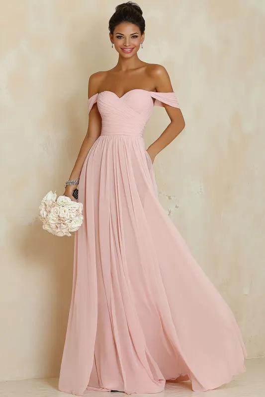 Off the Shoulder A Line Blush Pink Ruched Long Bridesmaid Dress made by Wedtrend