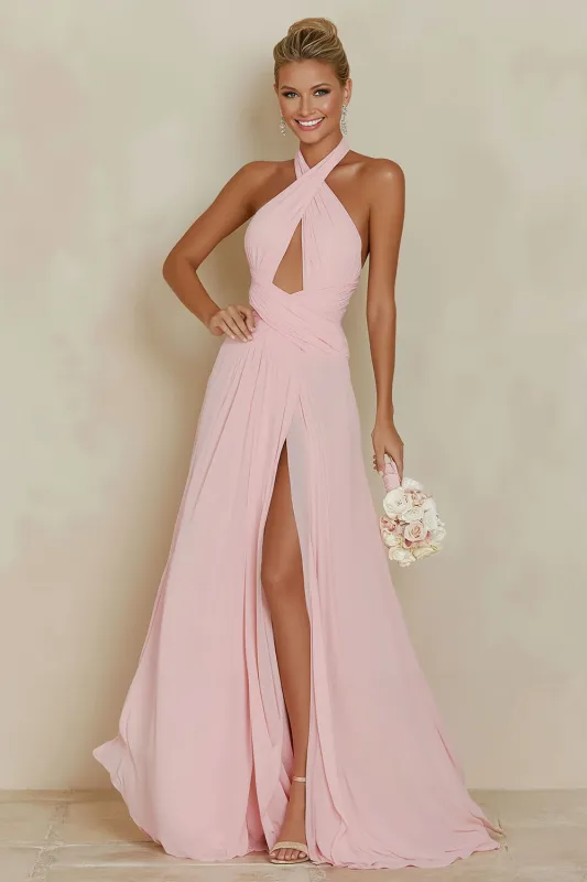 Halter Cut Out A Line Blush Pink Long Bridesmaid Dress with Slit made by Wedtrend