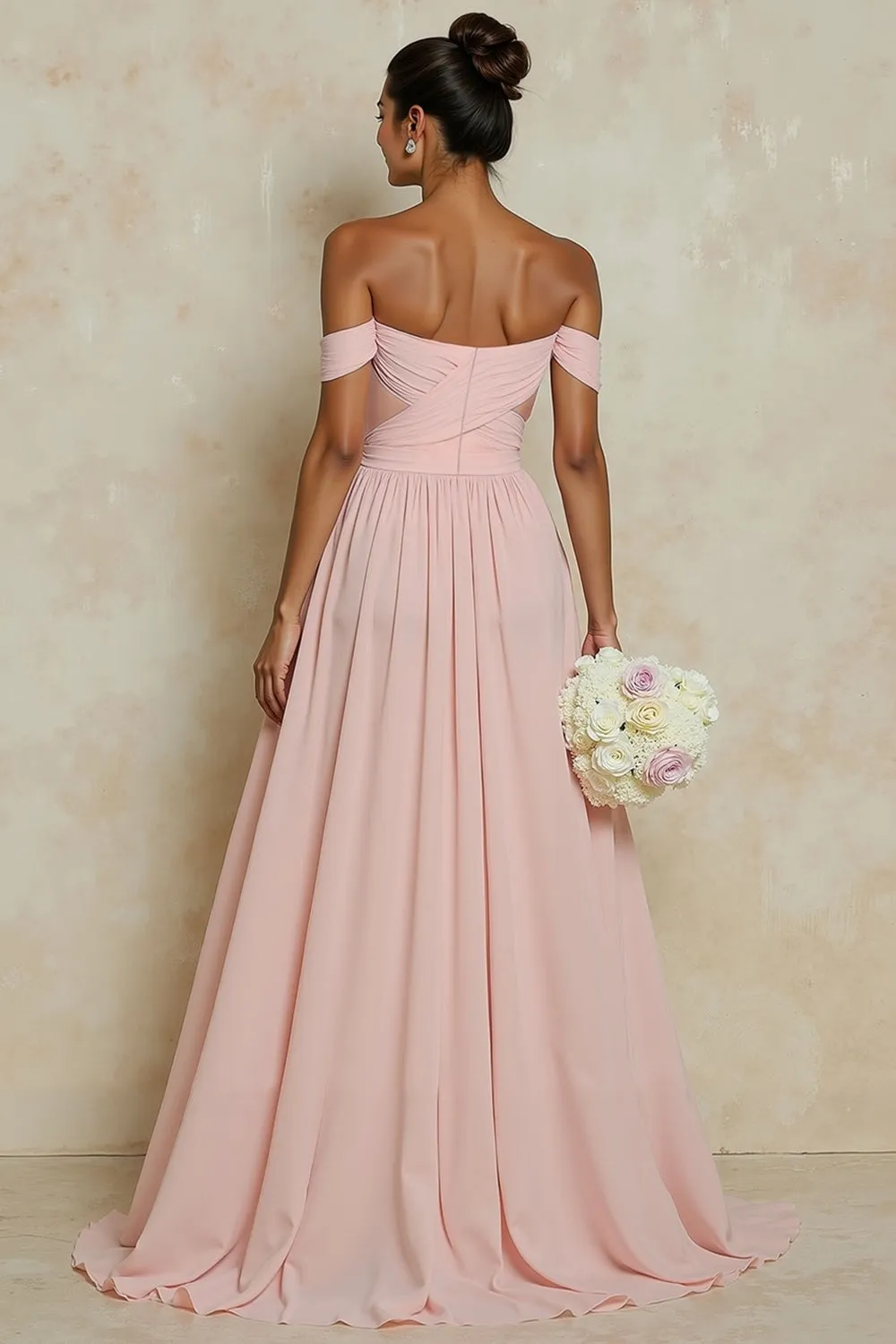 Blush Pink Off the Shoulder A Line Chiffon Cut Out Bridesmaid Dress with Slit sold by Wedtrend product image thumbnail 2