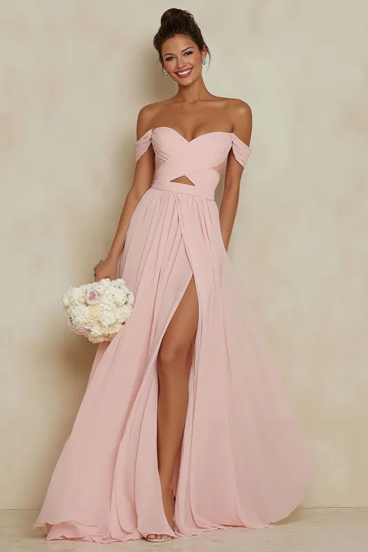 Blush Pink Off the Shoulder A Line Chiffon Cut Out Bridesmaid Dress with Slit made by Wedtrend