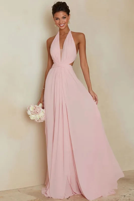 A Line Blush Pink Halter Long Bridesamid Dress with Open Back sold by Wedtrend