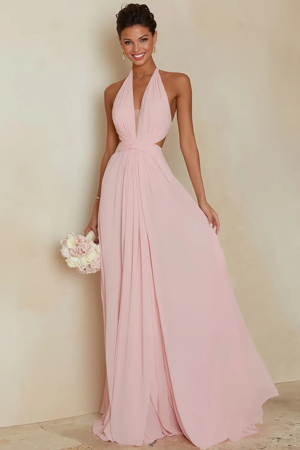A Line Blush Pink Halter Long Bridesamid Dress with Open Back sold by Wedtrend
