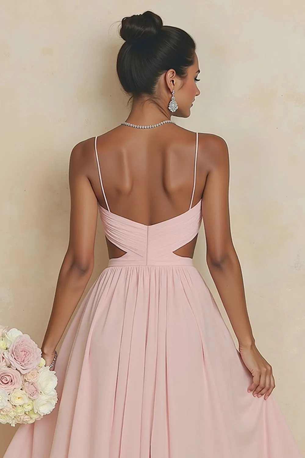 Blush Pink A Line Spaghetti Straps Cut Out Long Bridesmaid Dress sold by Wedtrend product image thumbnail 4