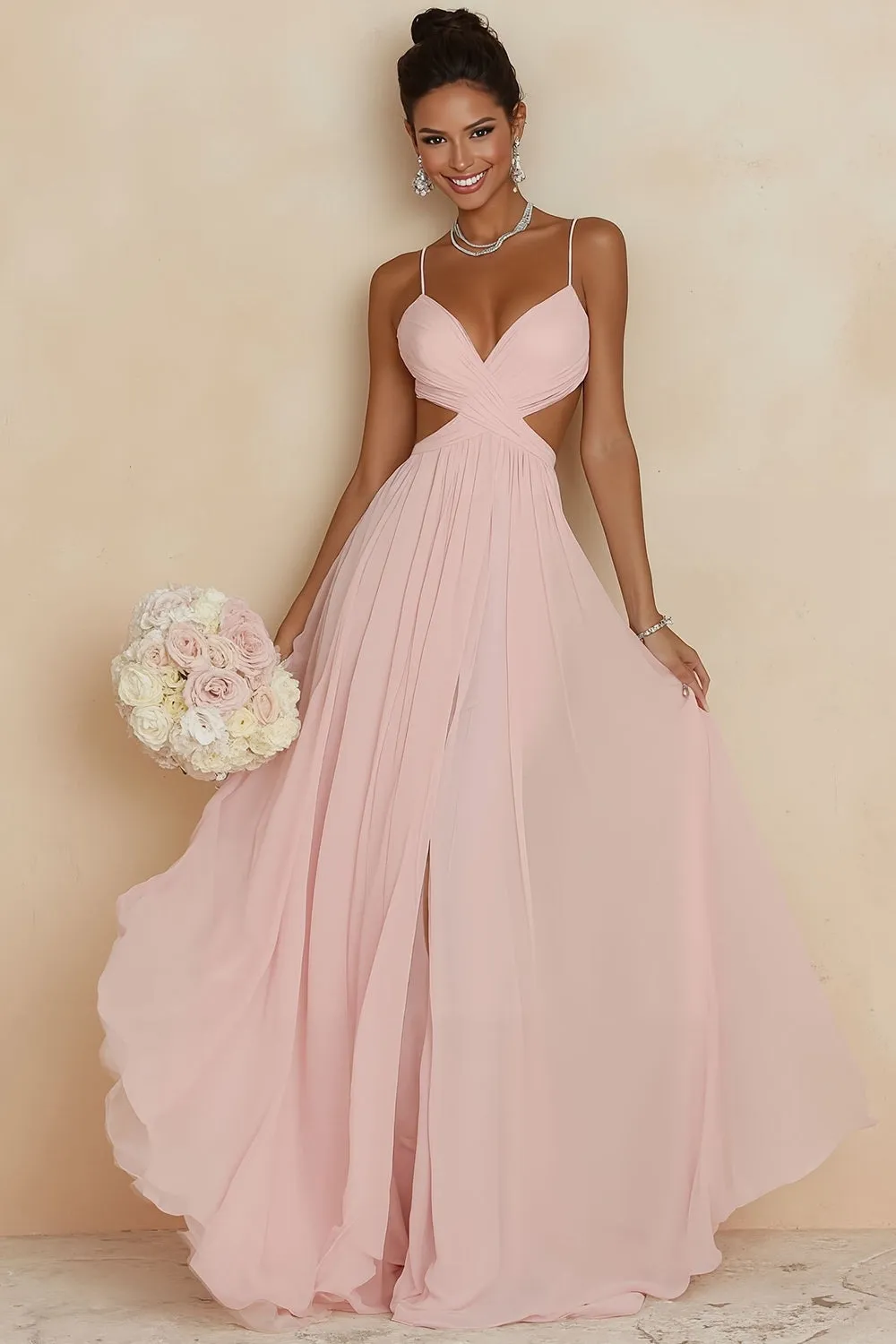 Blush Pink A Line Spaghetti Straps Cut Out Long Bridesmaid Dress sold by Wedtrend