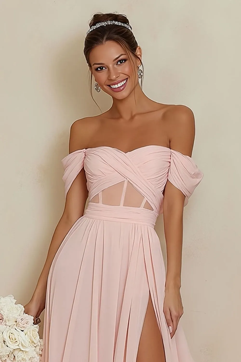 Blush Pink Corset A Line Off the Shoulder Long Bridesmaid Dress with Slit sold by Wedtrend product image thumbnail 3