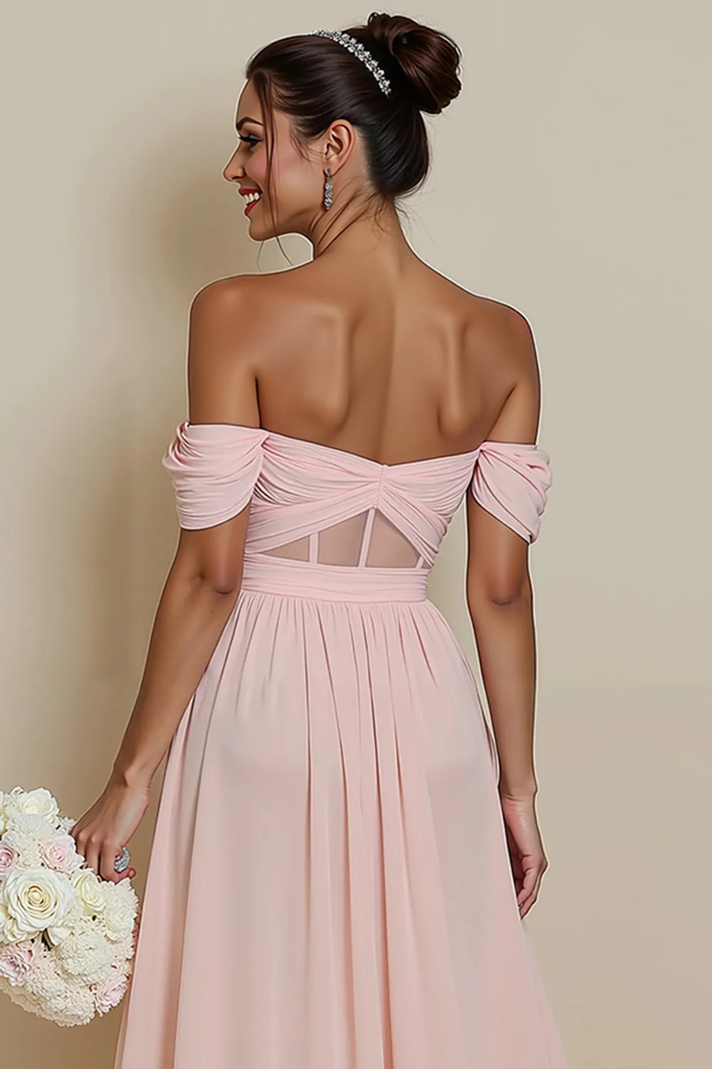 Blush Pink Corset A Line Off the Shoulder Long Bridesmaid Dress with Slit sold by Wedtrend product image thumbnail 4