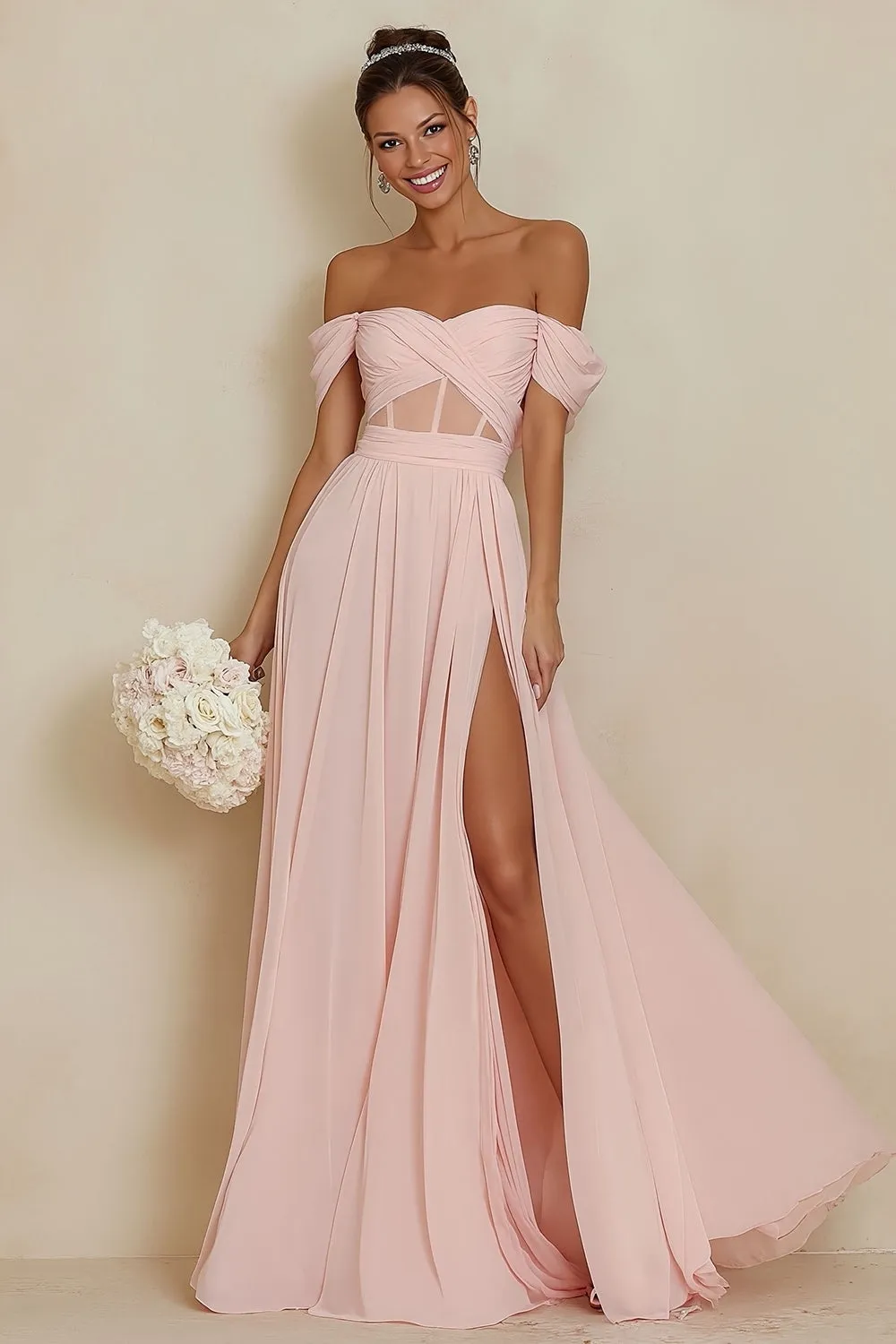 Blush Pink Corset A Line Off the Shoulder Long Bridesmaid Dress with Slit sold by Wedtrend