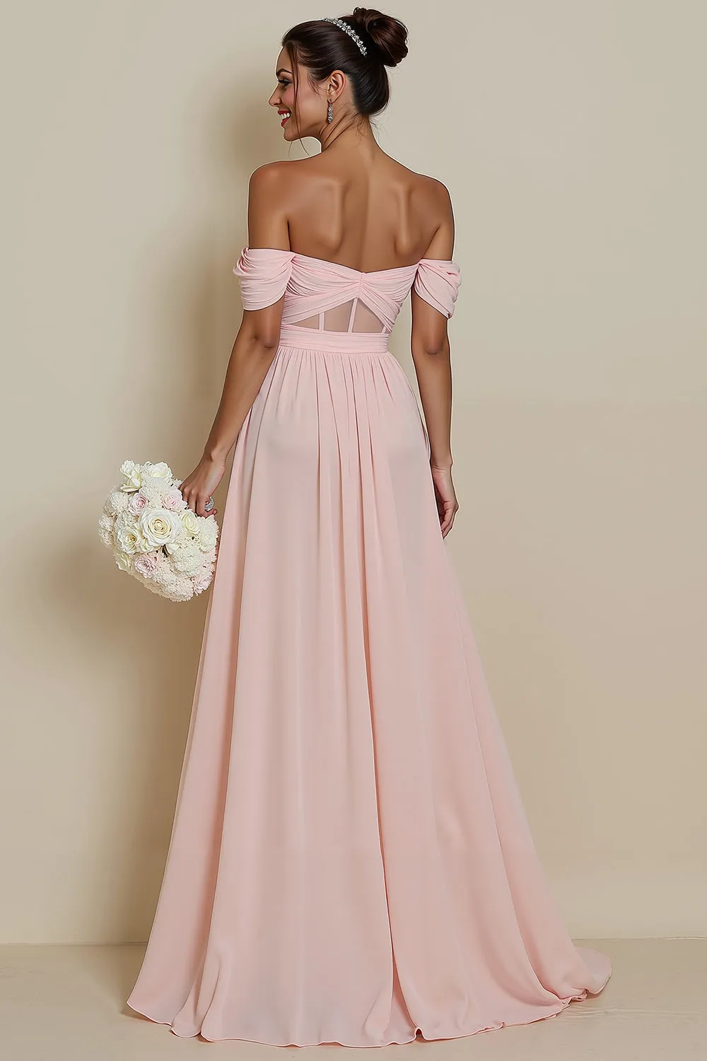 Blush Pink Corset A Line Off the Shoulder Long Bridesmaid Dress with Slit sold by Wedtrend product image thumbnail 2