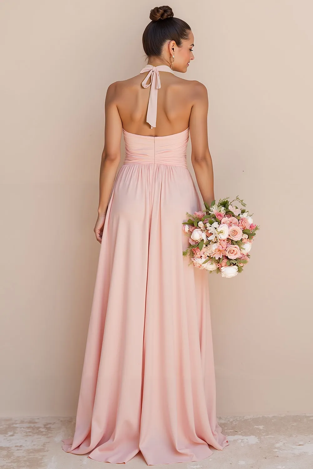 Blush Pink Halter Cut Out A Line Chiffon Long Bridesmaid Dress sold by Wedtrend product image thumbnail 2