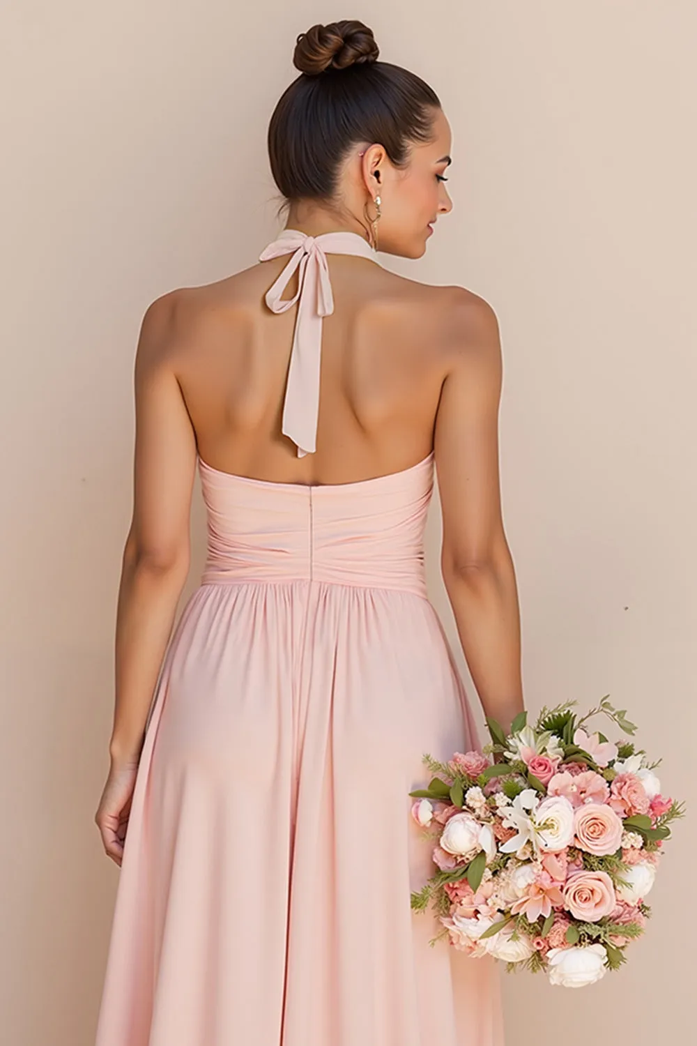Blush Pink Halter Cut Out A Line Chiffon Long Bridesmaid Dress sold by Wedtrend product image thumbnail 4