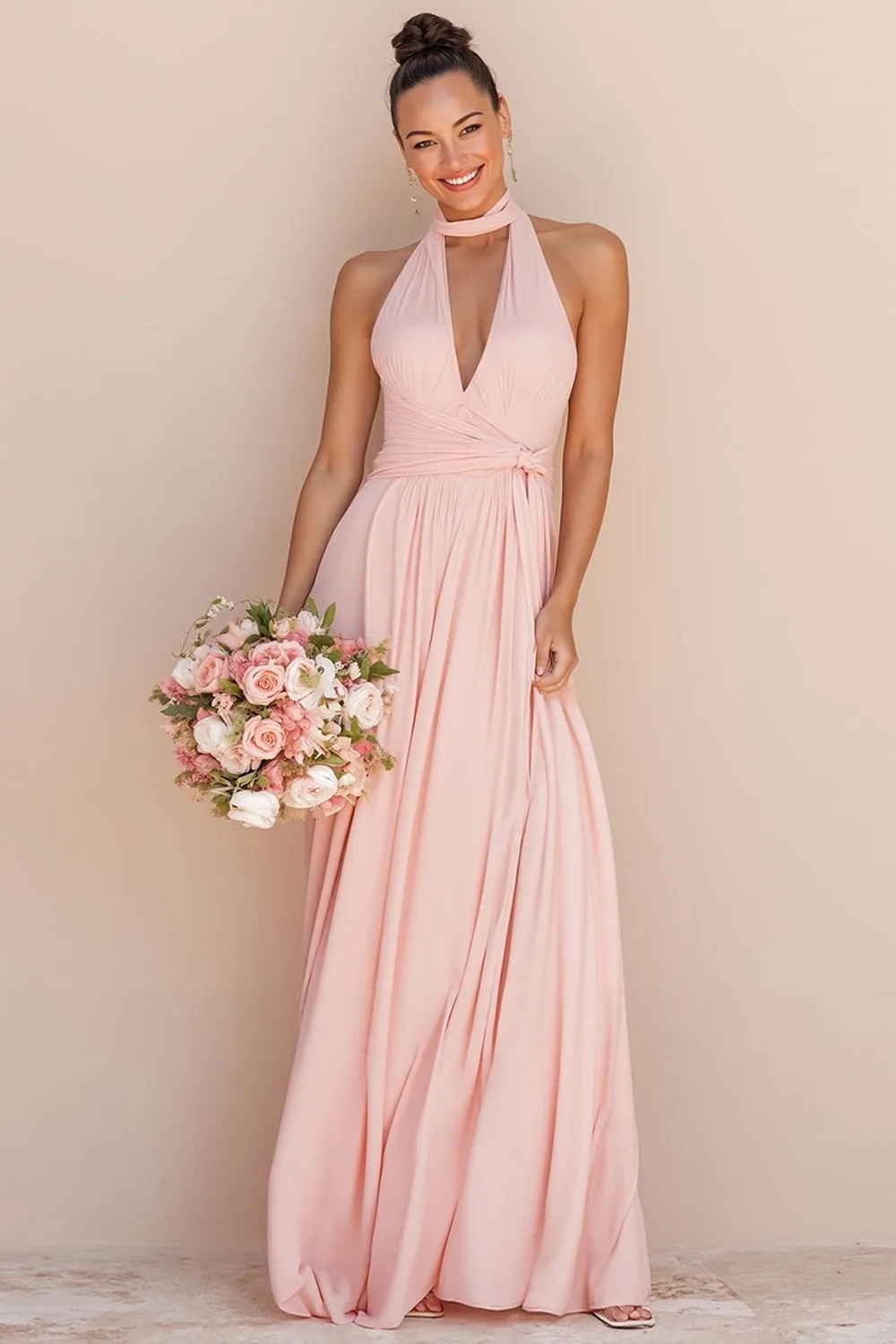 Blush Pink Halter Cut Out A Line Chiffon Long Bridesmaid Dress sold by Wedtrend
