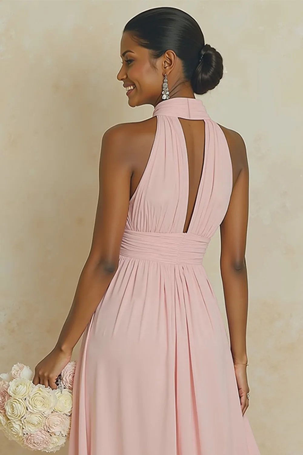 Halter Blush Pink A Line Cut Out Chiffon Long Bridesmaid Dress sold by Wedtrend product image thumbnail 4