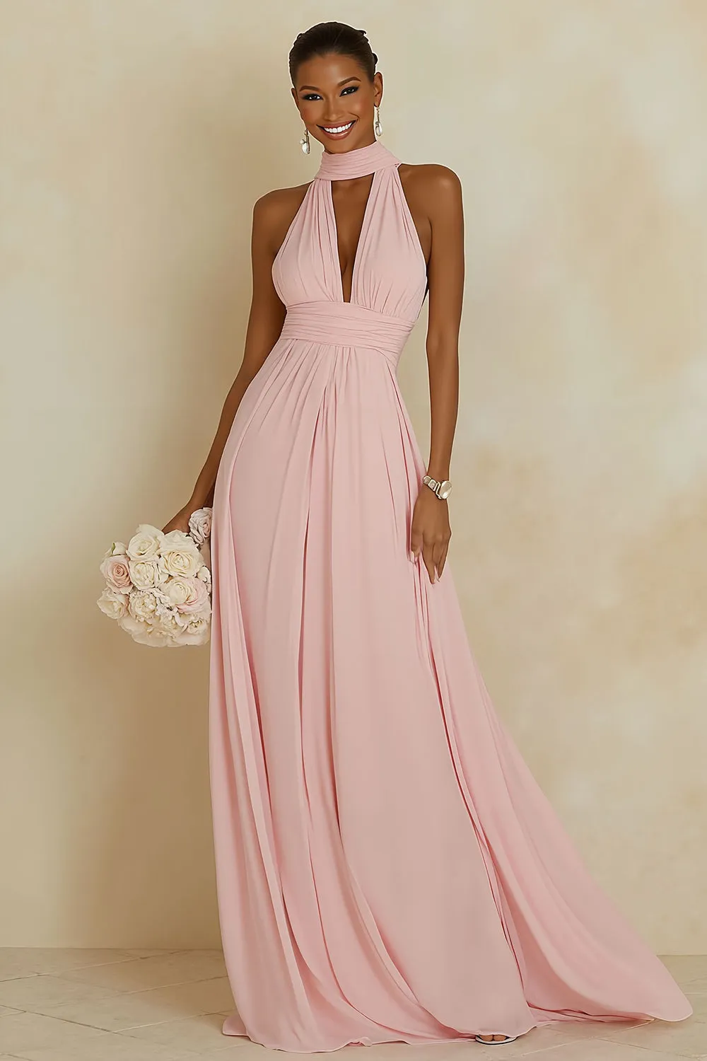 Halter Blush Pink A Line Cut Out Chiffon Long Bridesmaid Dress sold by Wedtrend