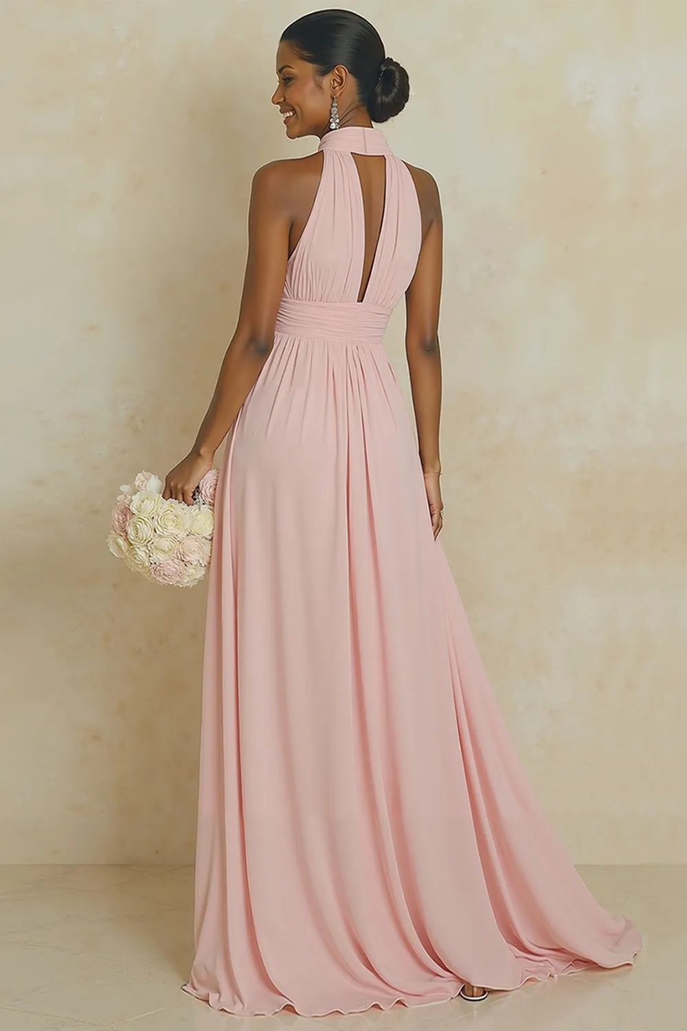 Halter Blush Pink A Line Cut Out Chiffon Long Bridesmaid Dress sold by Wedtrend product image thumbnail 2
