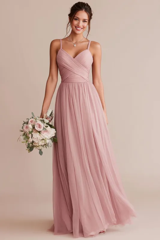 A Line Pleated Blush Pink Spaghetti Straps Long Bridesmaid Dress made by Wedtrend