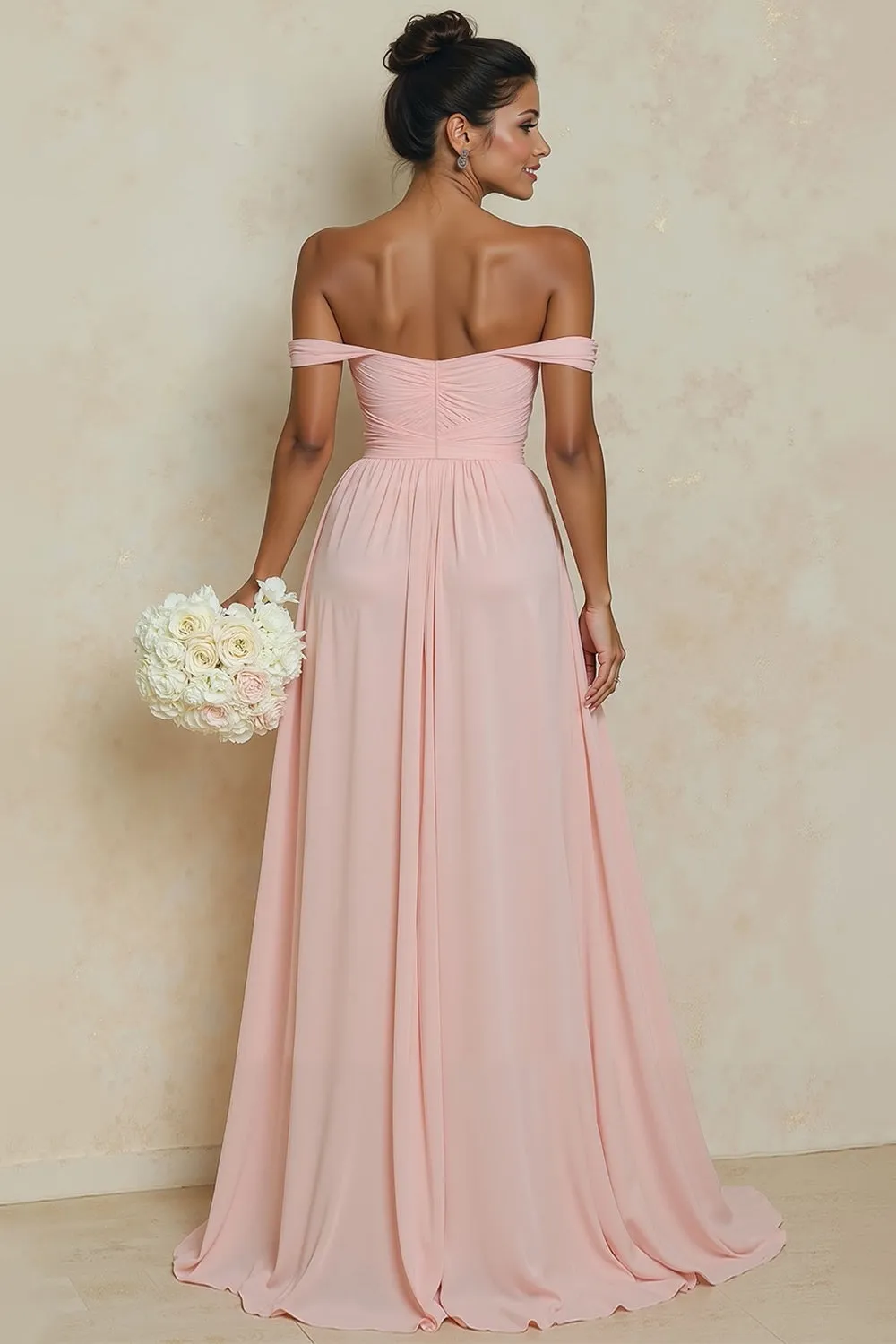 Off the Shoulder A Line Cut Out Blush Pink Bridesmaid Dress with Slit sold by Wedtrend product image thumbnail 2