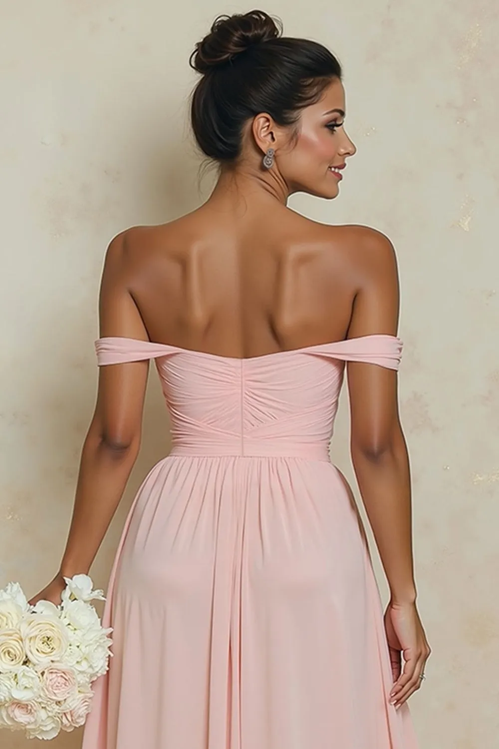 Off the Shoulder A Line Cut Out Blush Pink Bridesmaid Dress with Slit sold by Wedtrend product image thumbnail 4