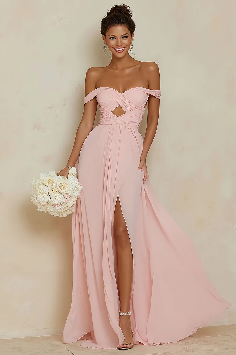 Off the Shoulder A Line Cut Out Blush Pink Bridesmaid Dress with Slit sold by Wedtrend
