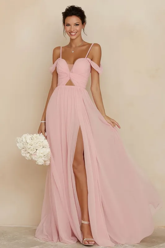 Blush Pink A Line Cold Shoulder Cut Out Long Bridesmaid Dress with Slit sold by Wedtrend