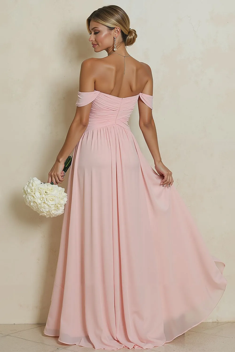Off the Shoulder Blush Pink A Line Chiffon Long Bridesmaid Dress sold by Wedtrend product image thumbnail 2