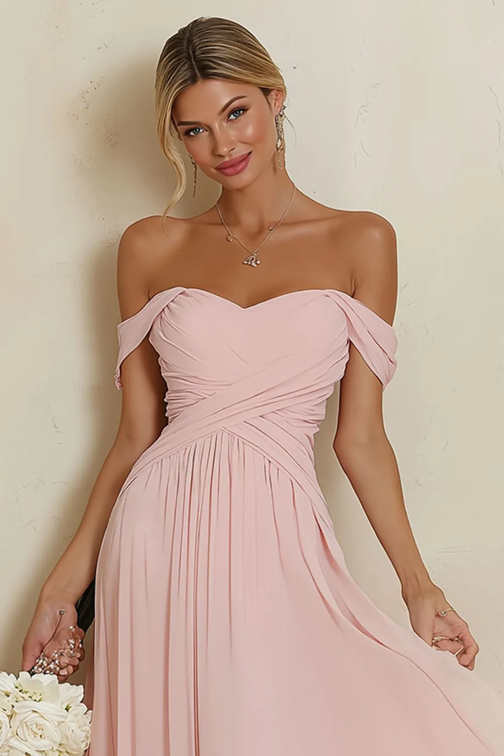 Off the Shoulder Blush Pink A Line Chiffon Long Bridesmaid Dress sold by Wedtrend product image thumbnail 3