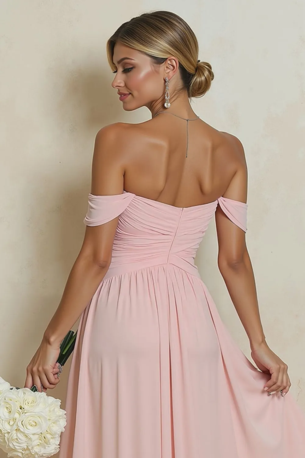 Off the Shoulder Blush Pink A Line Chiffon Long Bridesmaid Dress sold by Wedtrend product image thumbnail 4