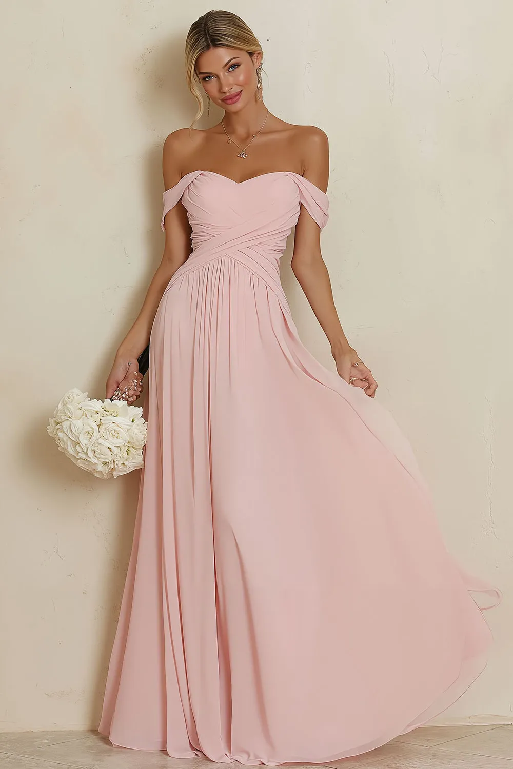 Off the Shoulder Blush Pink A Line Chiffon Long Bridesmaid Dress sold by Wedtrend