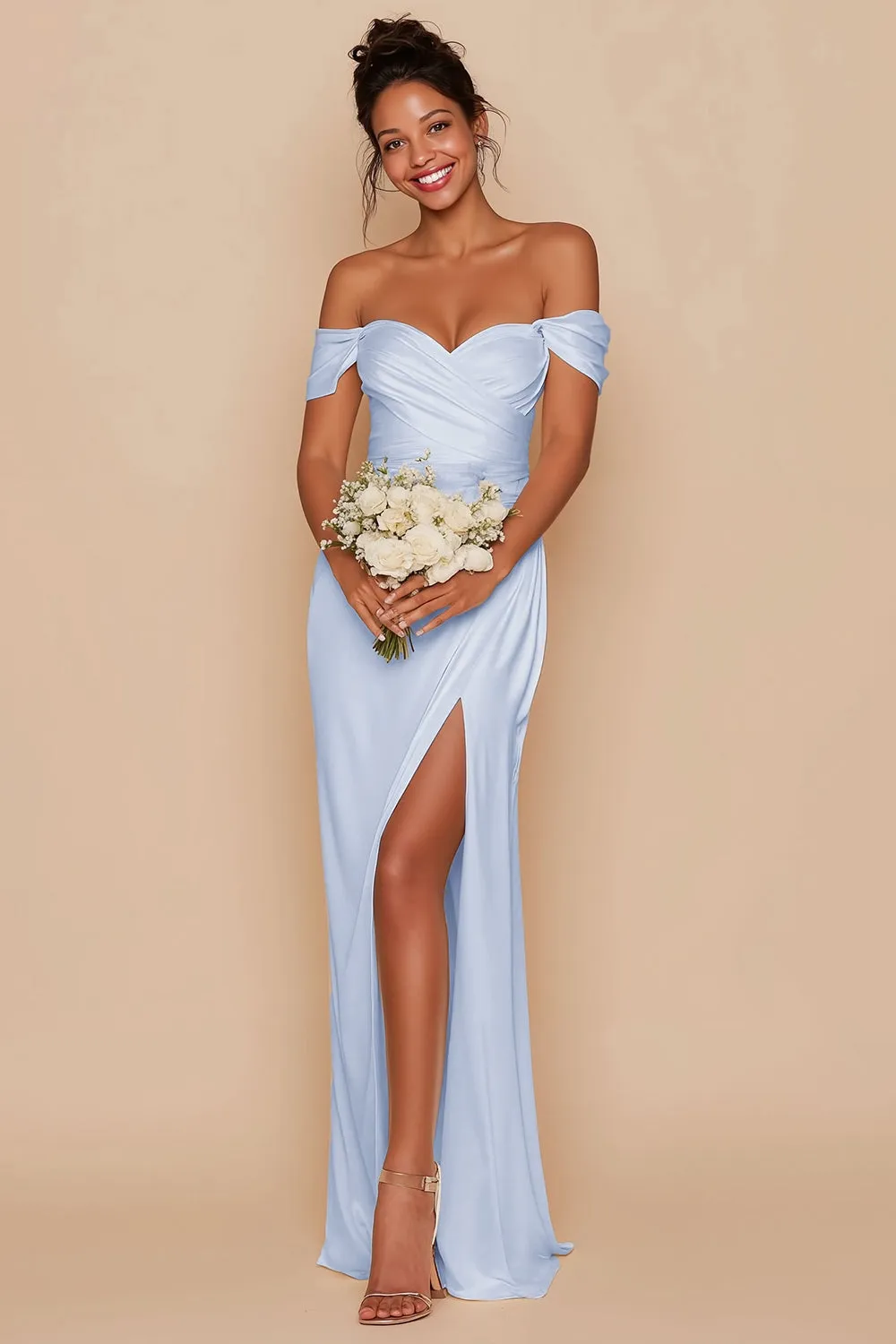 Sky Blue Off the Shoulder Mermaid Long Bridesmaid Dress with Slit sold by Wedtrend