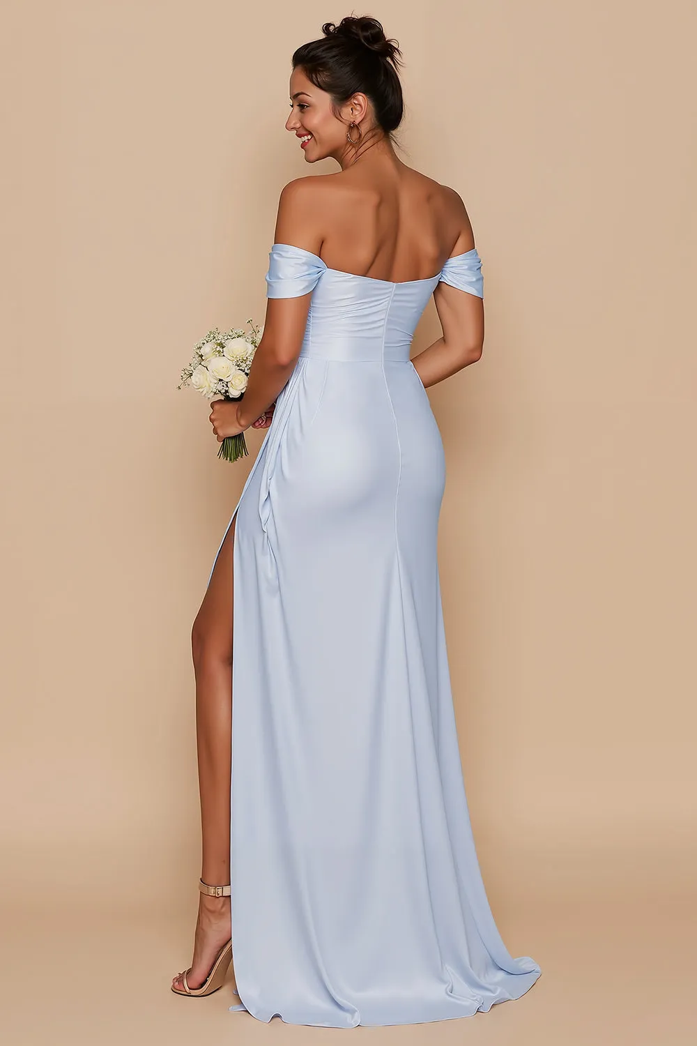 Sky Blue Off the Shoulder Mermaid Long Bridesmaid Dress with Slit sold by Wedtrend product image thumbnail 2