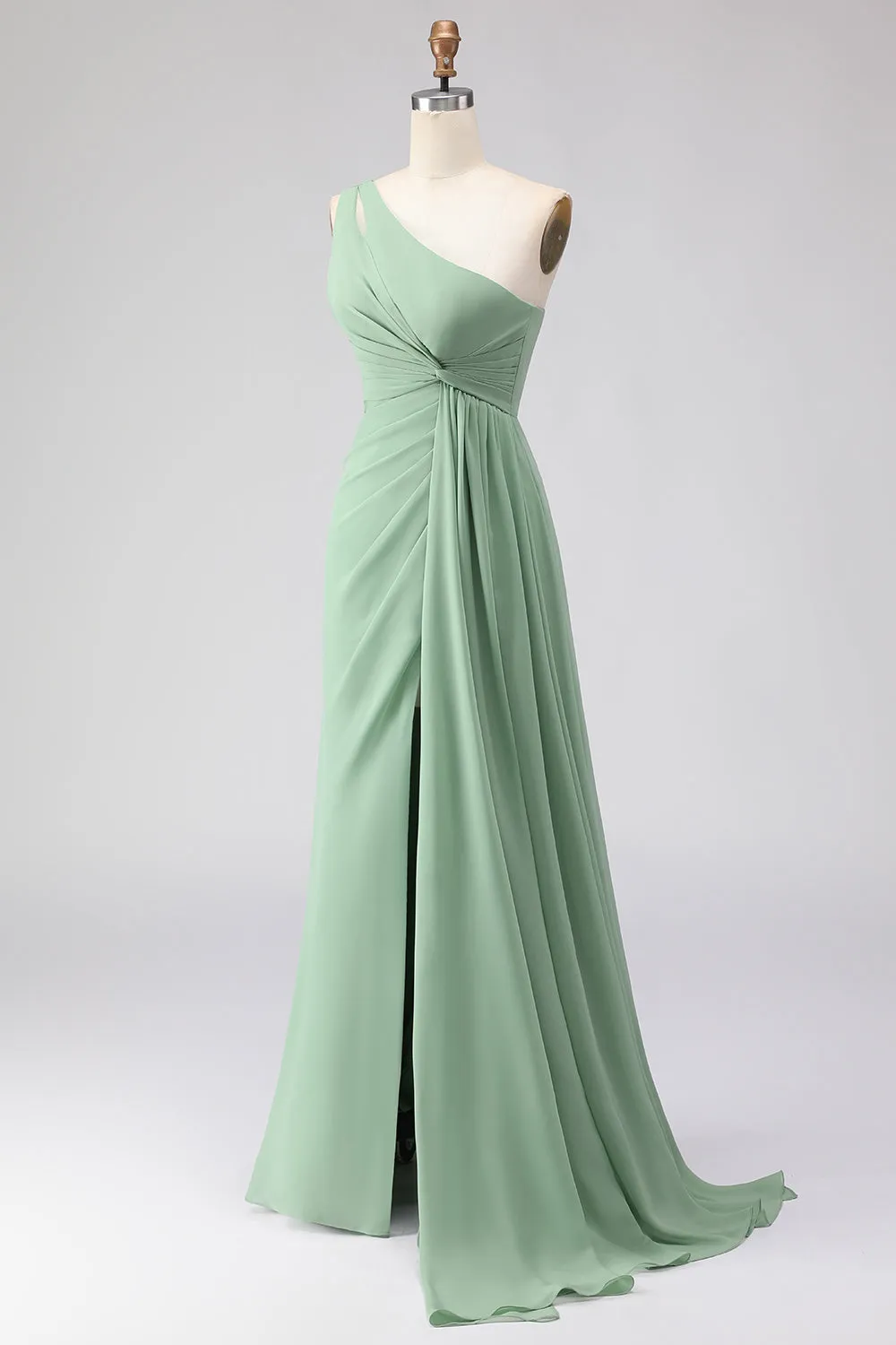 Sage Green One Shoulder A Line Chiffon Long Bridesmaid Dress with Slit sold by Wedtrend product image thumbnail 3