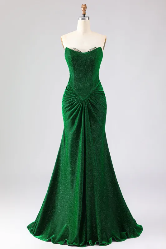 Strapless Mermaid Dark Green Beaded Ruched Long Prom Dress sold by Wedtrend