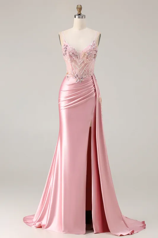 Pink Mermaid Corset Beaded Ruched Side Streamer Sequins Long Prom Dress with Slit made by Wedtrend