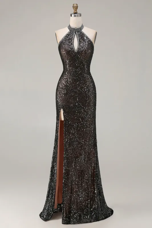 Sparkly Black Halter Sequin Beaded Mermaid Cut Out Long Prom Dress with Slit sold by Wedtrend