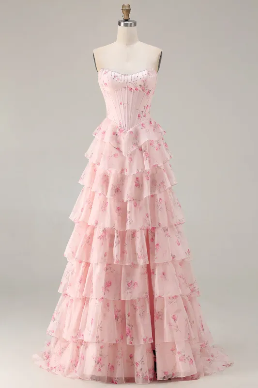 Pink Red Flower A Line Strapless Corset Tiered Ruffle Long Prom Dress with Slit made by Wedtrend