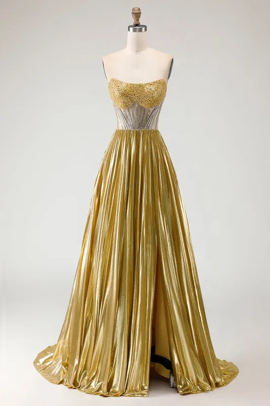 Metallic Golden A Line Strapless Beaded Corset Pleated Long Prom Dress with Slit sold by Wedtrend
