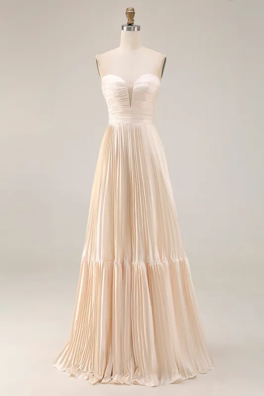 Champagne Strapless A Line Pleated Long Formal Dress sold by Wedtrend