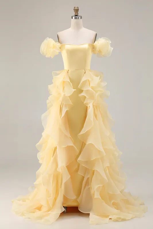 Off the Shoulder Mermaid Yellow Long Prom Dress with Ruffles made by Wedtrend