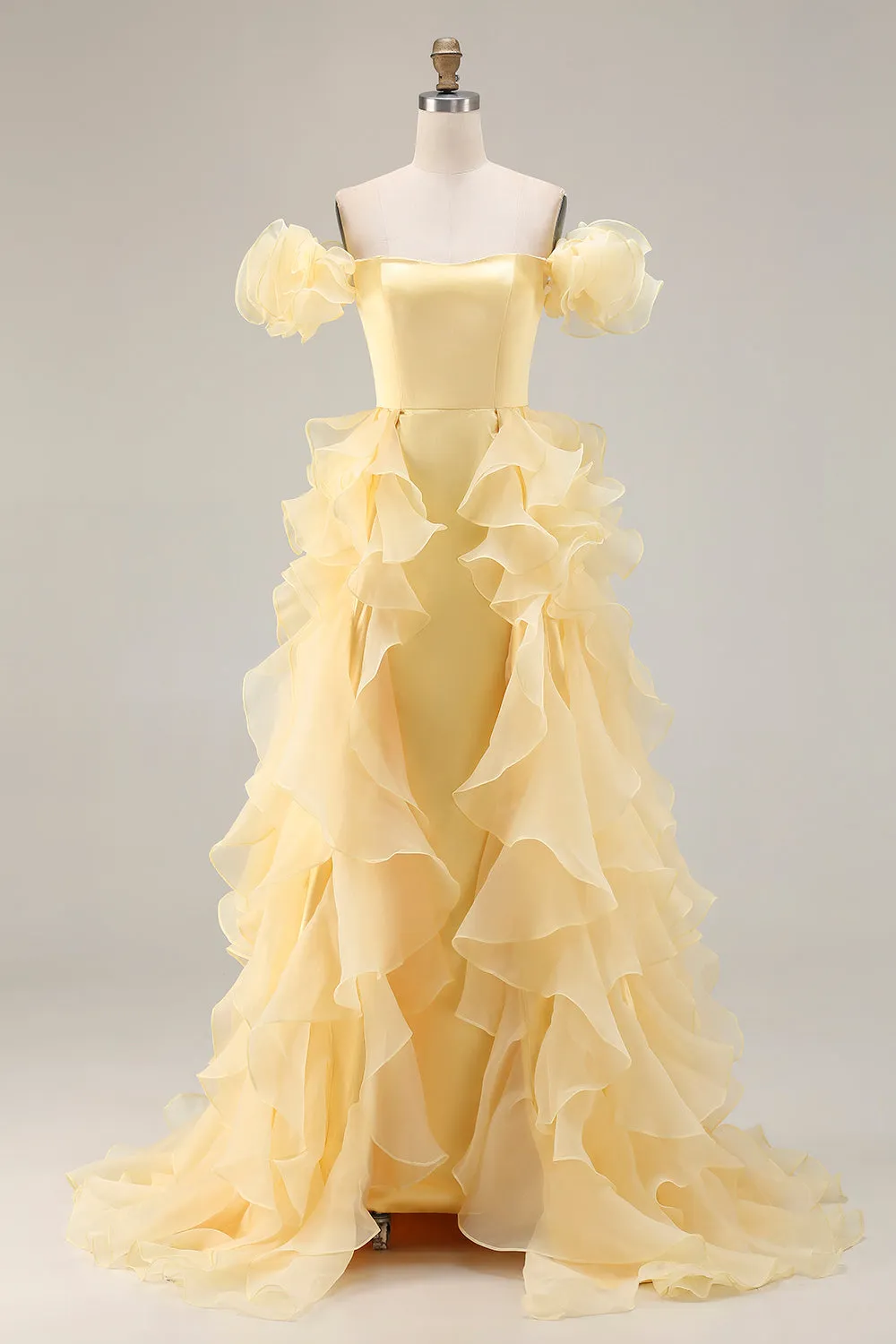 Off the Shoulder Mermaid Yellow Long Prom Dress with Ruffles sold by Wedtrend