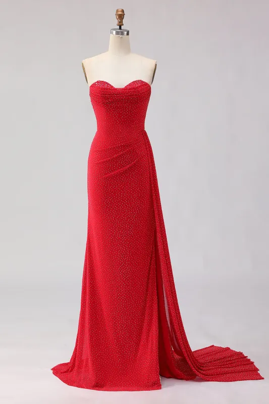 Beaded Red Mermaid Sweetheart Long Prom Dress with Slit made by Wedtrend