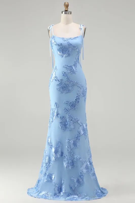 Light Blue Mermaid Spaghetti Straps Long Prom Dress with Appliques made by Wedtrend
