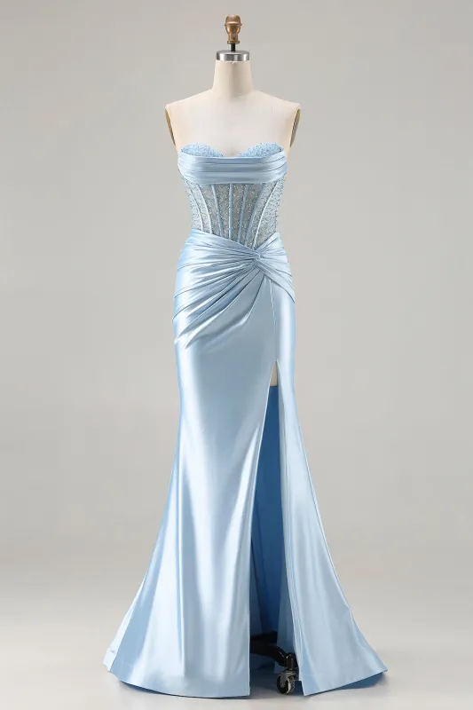 Strapless Sky Blue Mermaid Corset Beaded Long Prom Dress with Slit made by Wedtrend