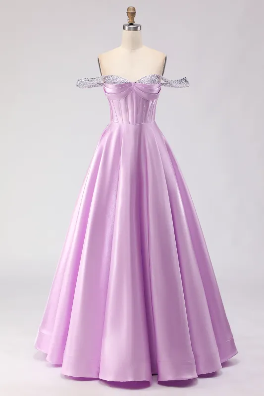 Off the Shoulder Light Purple Corset A Line Beaded Long Prom Dress with Lace Up Back made by Wedtrend