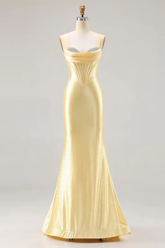 Light Yellow Mermaid Spaghetti Straps Beaded Corset Long Prom Dress made by Wedtrend