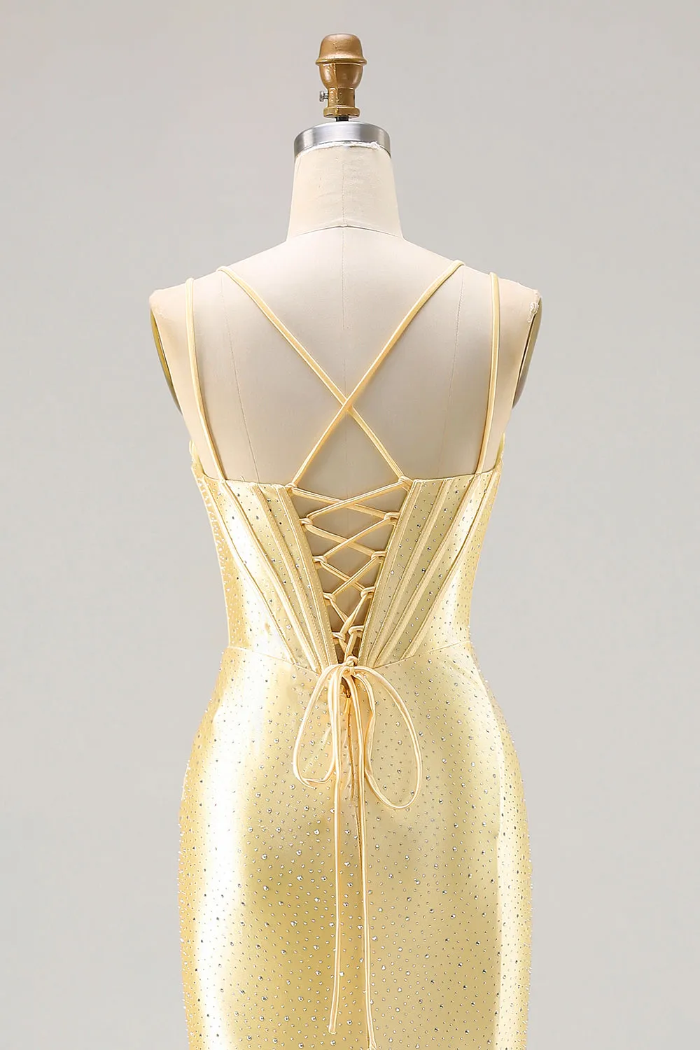 Light Yellow Mermaid Spaghetti Straps Beaded Corset Long Prom Dress sold by Wedtrend product image thumbnail 5
