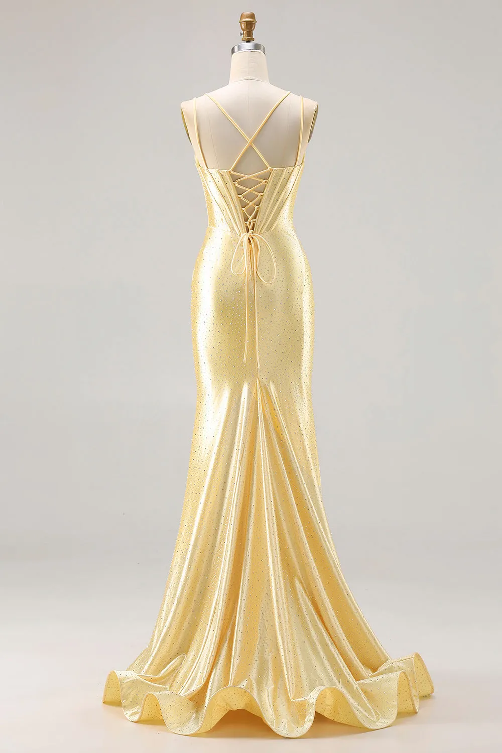 Light Yellow Mermaid Spaghetti Straps Beaded Corset Long Prom Dress sold by Wedtrend product image thumbnail 2