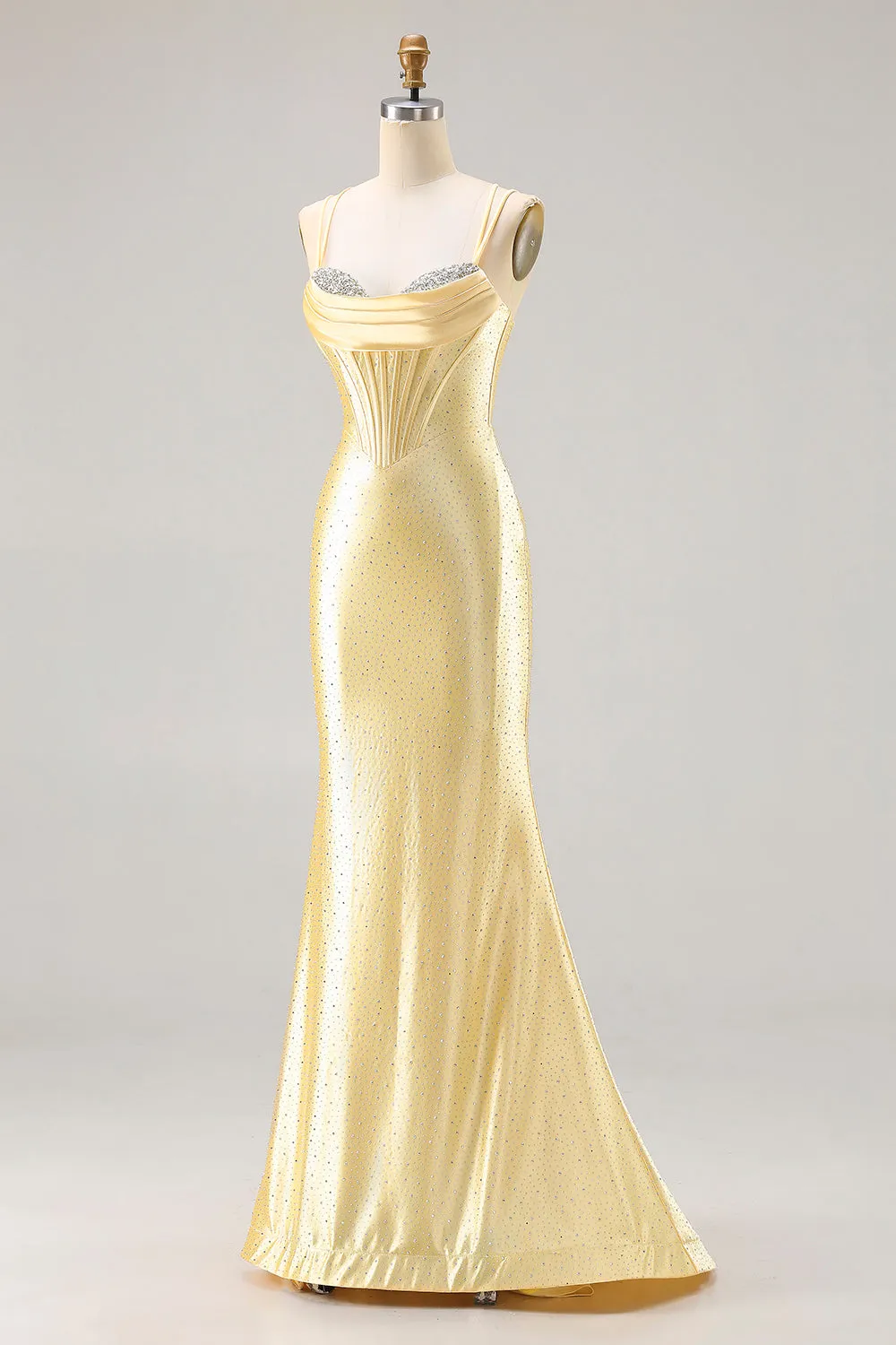 Light Yellow Mermaid Spaghetti Straps Beaded Corset Long Prom Dress sold by Wedtrend product image thumbnail 3