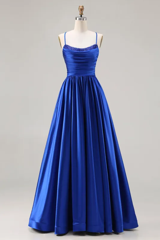 Royal Blue A Line Satin Spaghetti Straps Sequin Long Prom Dress with Lace Up Back made by Wedtrend