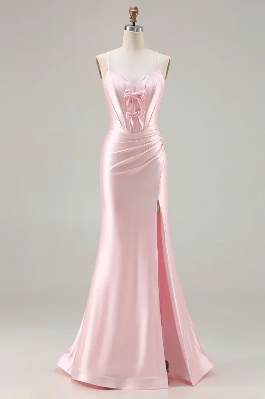 Pink Mermaid Corset Satin Spaghetti Straps Long Prom Dress with Slit made by Wedtrend