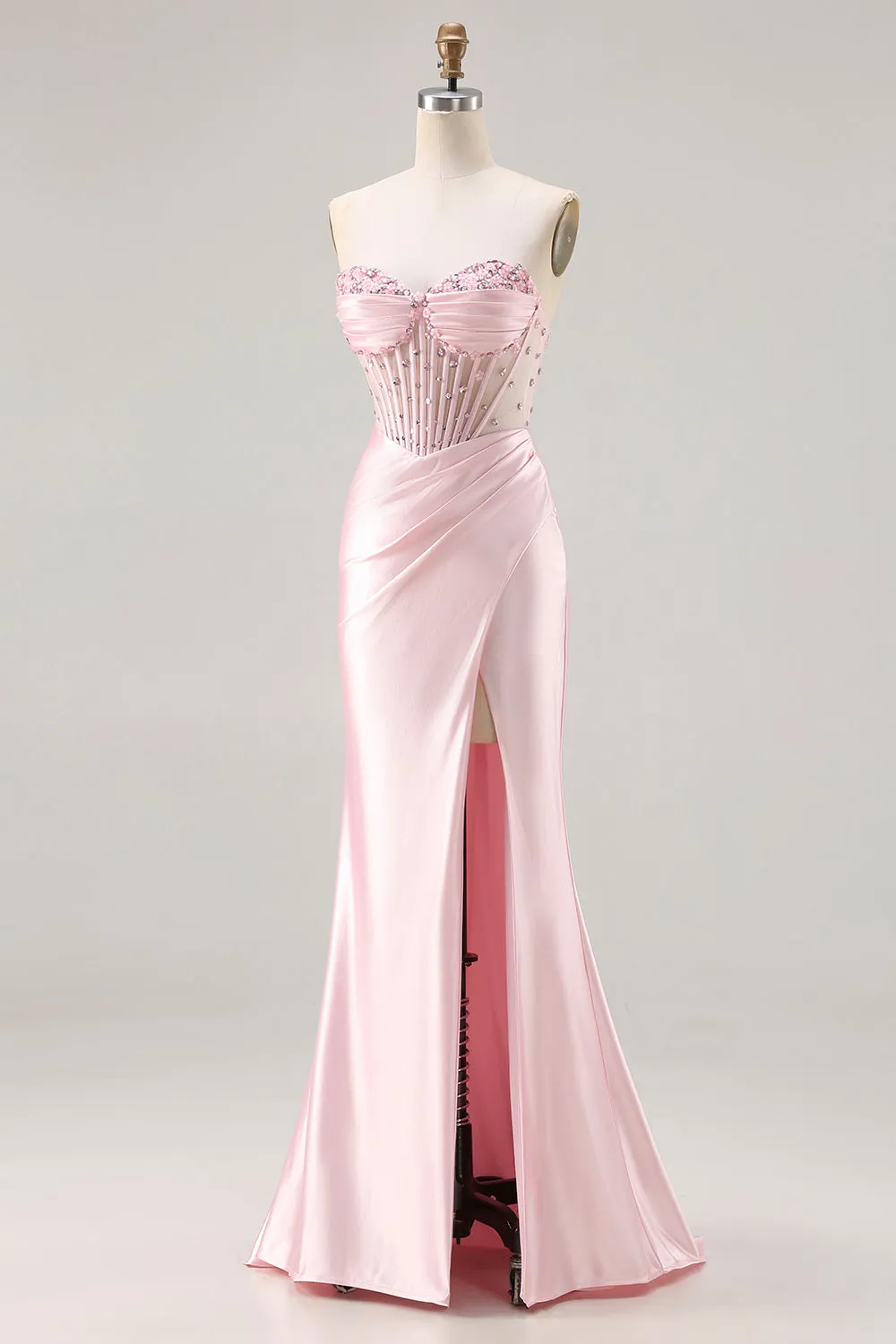 Sparkly Pink Mermaid Strapless Beaded Corset Long Prom Dress with Slit sold by Wedtrend product image thumbnail 3